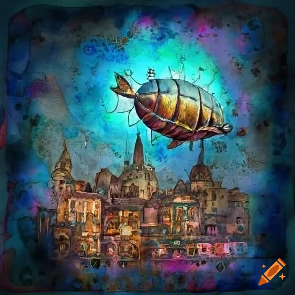 steampunk airship flying over a city