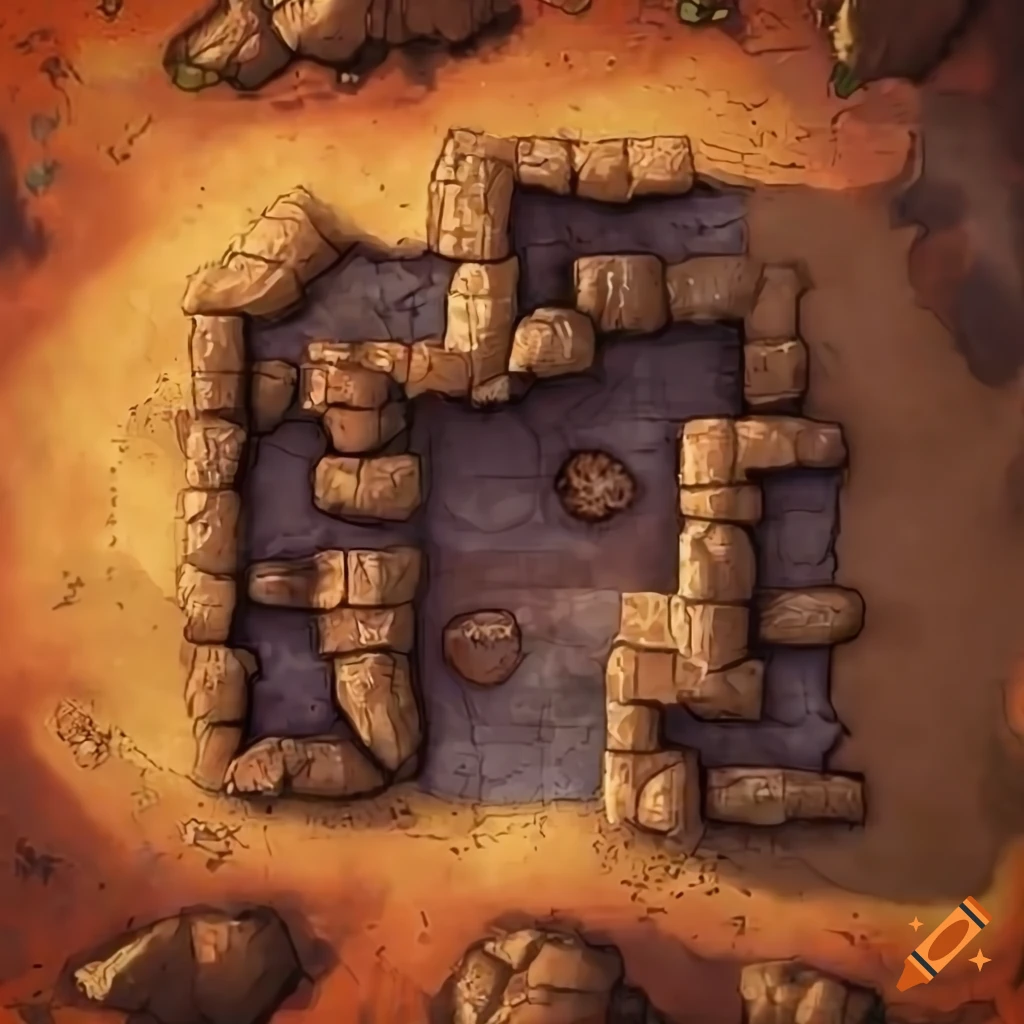 D&D battlemap of a rocky desert with ruins
