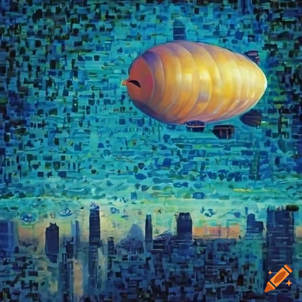 futuristic city with an airship inspired by Seurat