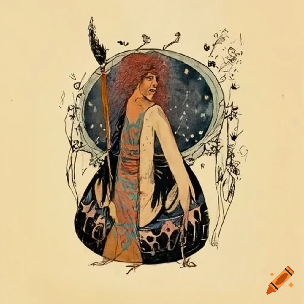 color sketch of a shaman drum by Aubrey Beardsley