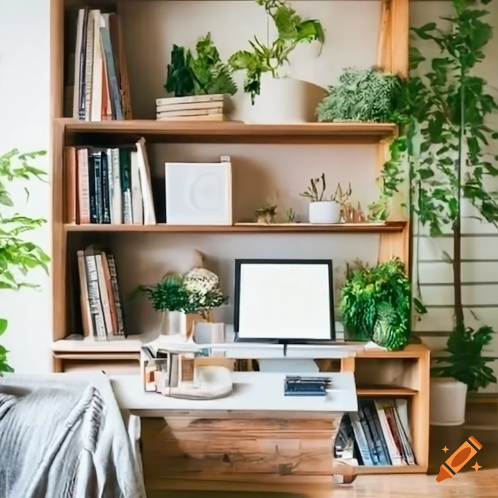 cozy home office with a lush green bookshelf