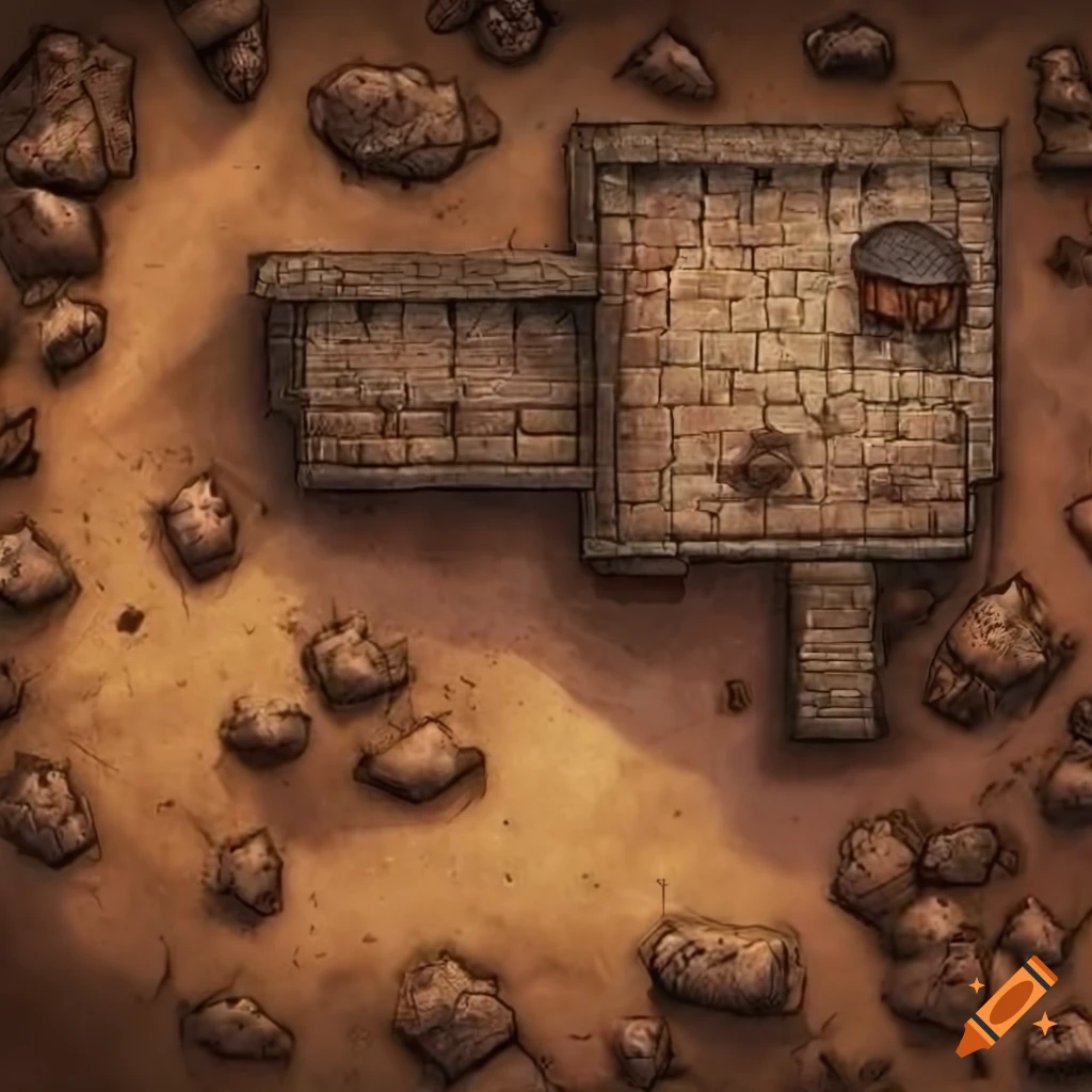 D&D battlemap of a rocky desert with ruins