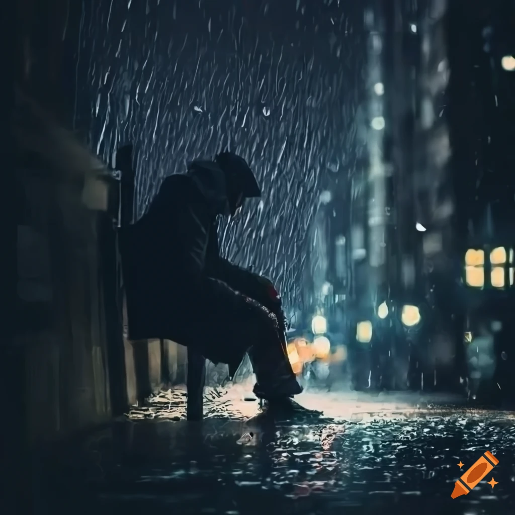 Man sitting on rainy street at night on Craiyon