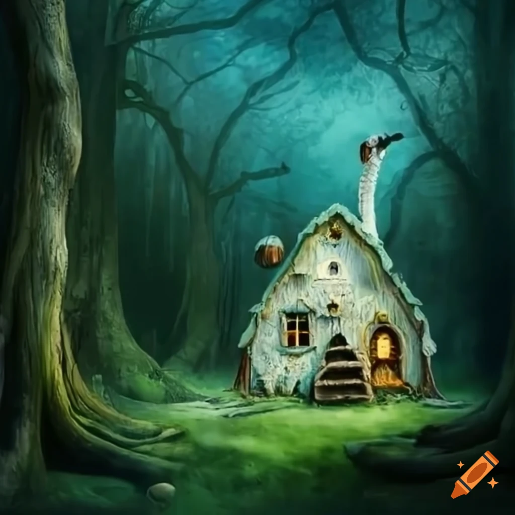 Surrealist artwork of a candy house in an enchanted forest with white swans