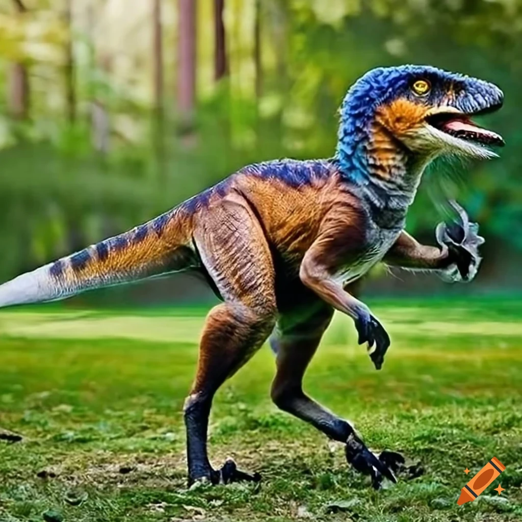 digital art of a roaring Velociraptor and fox hybrid in a forest
