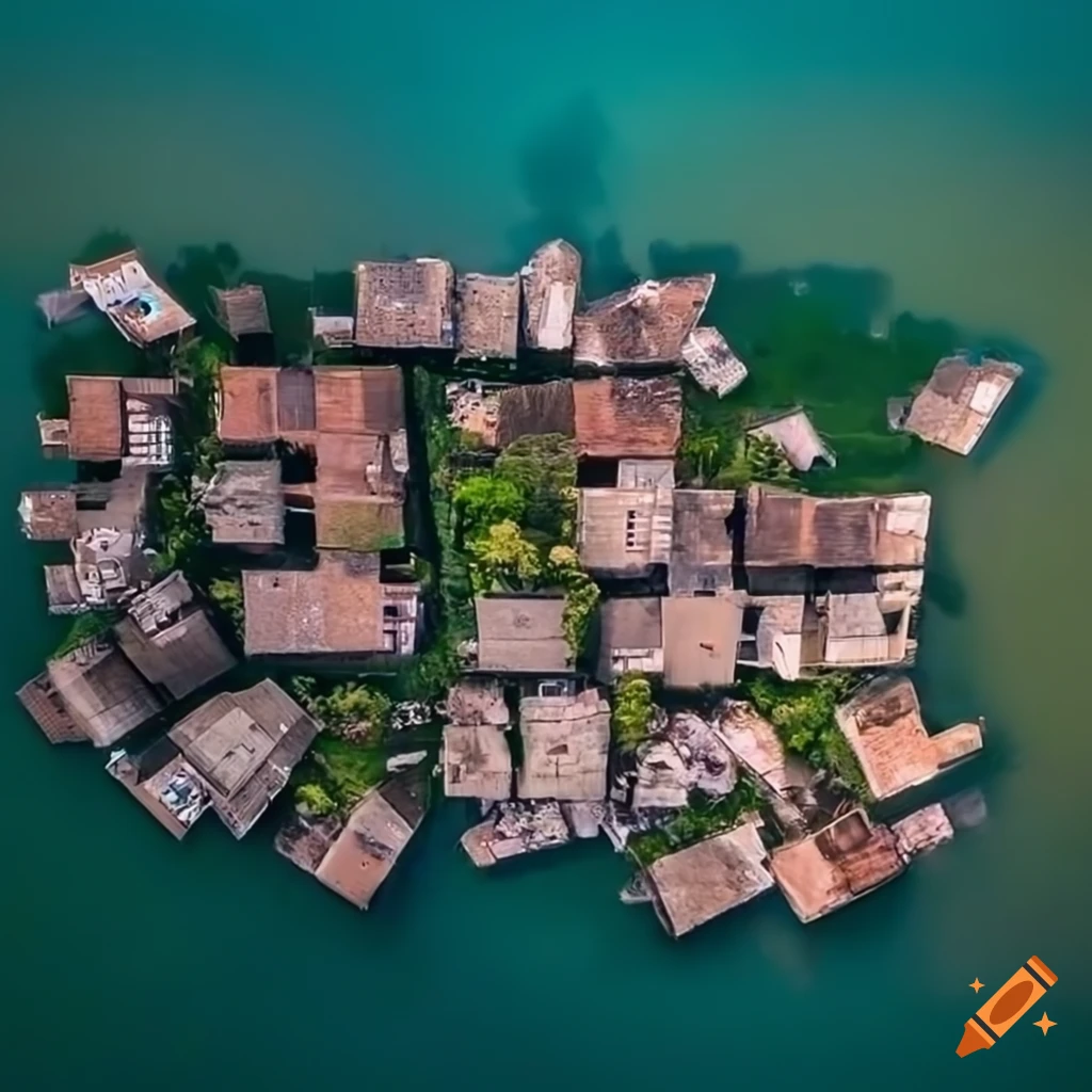 aerial view of houses above water surrounded by mangroves