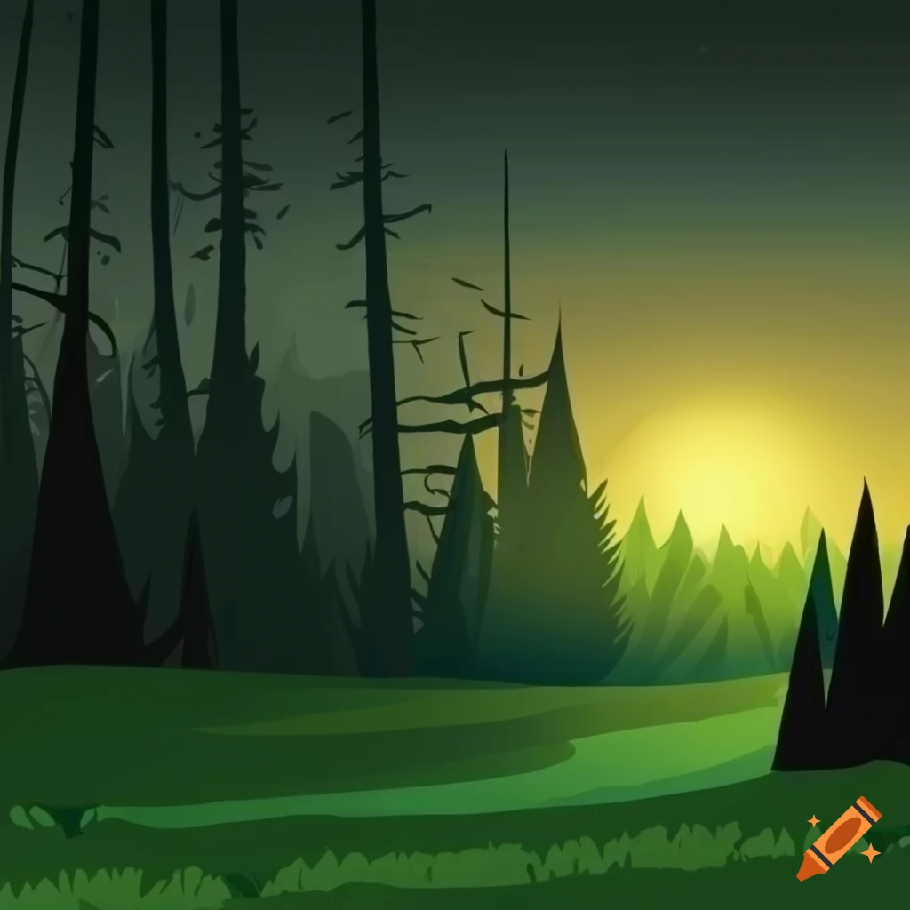 cartoon illustration of an evening meadow with a dark forest