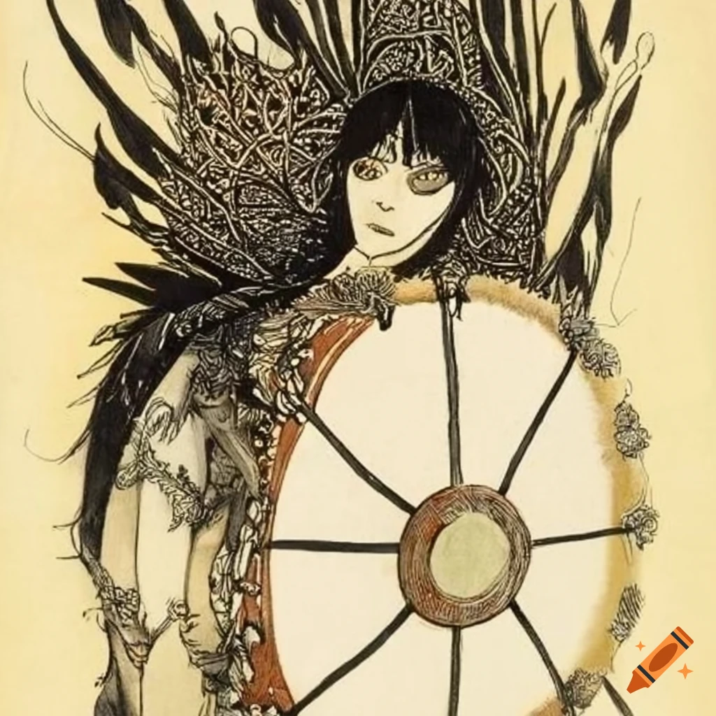 color sketch of a shaman drum by Aubrey Beardsley