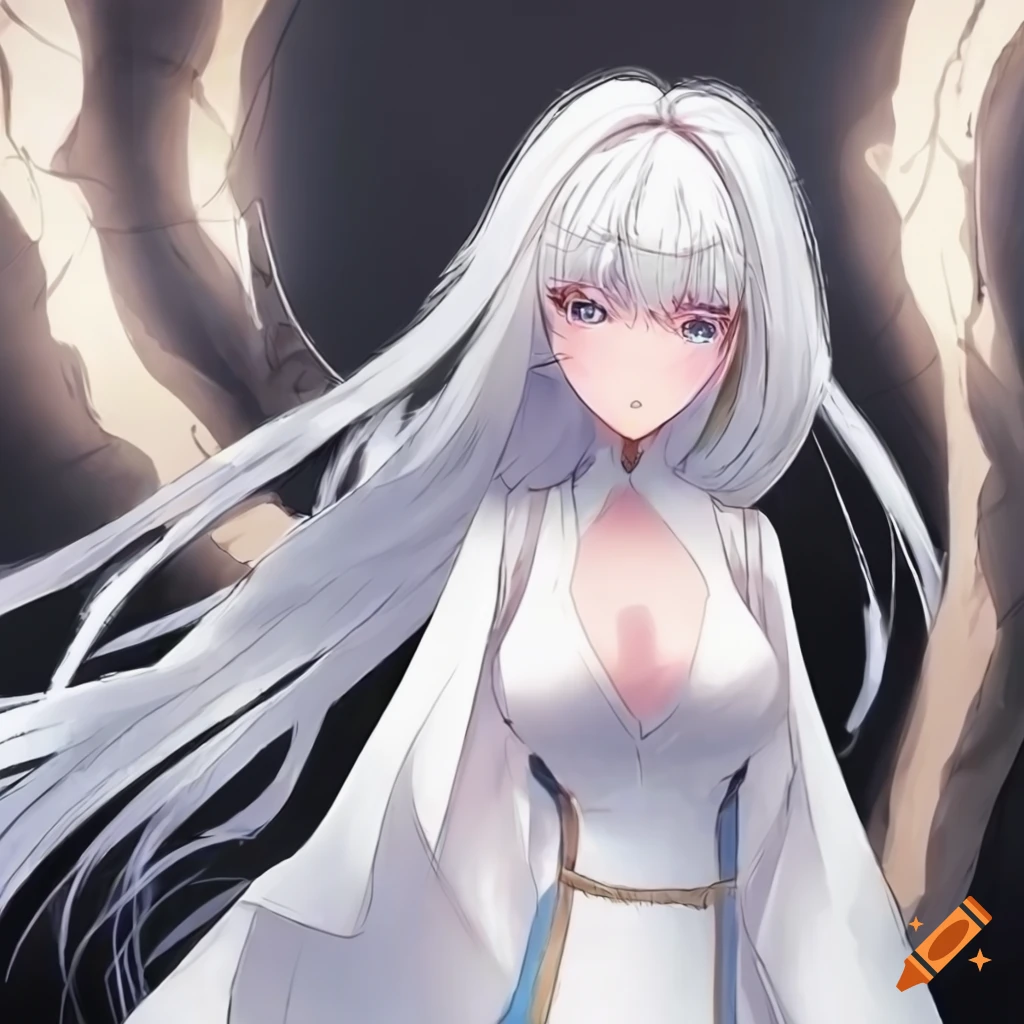 Image of a woman with white hair in a priest-like outfit on Craiyon