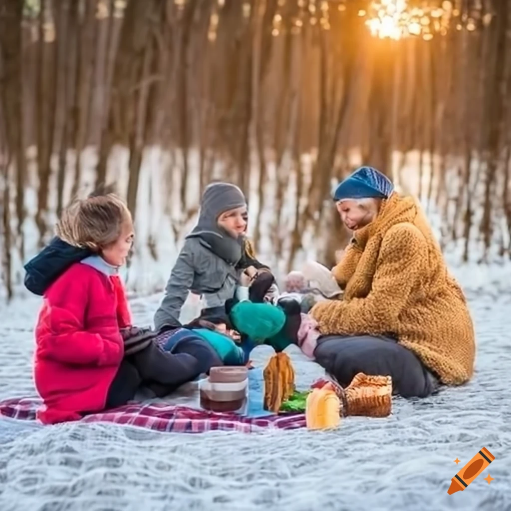 Family having a picnic in chilly weather