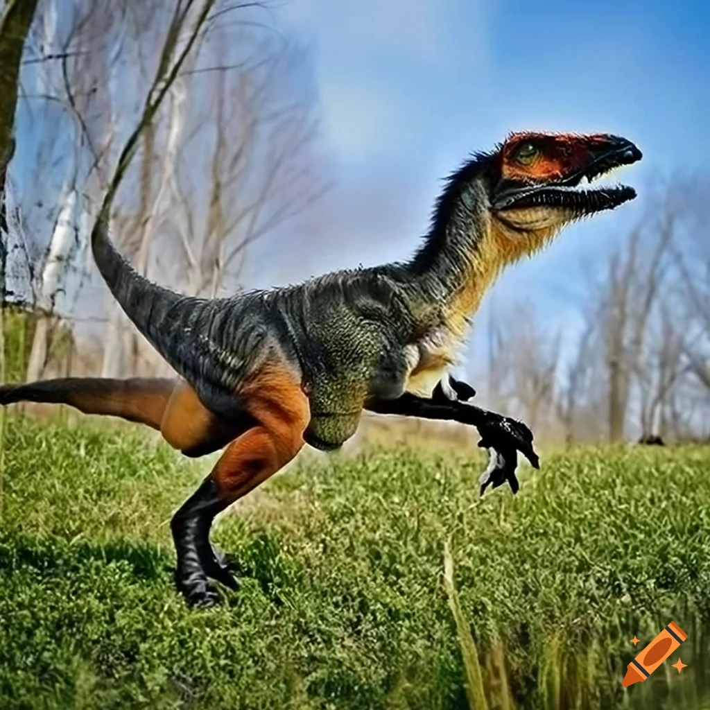 digital art of a Velociraptor and fox hybrid roaring in a forest