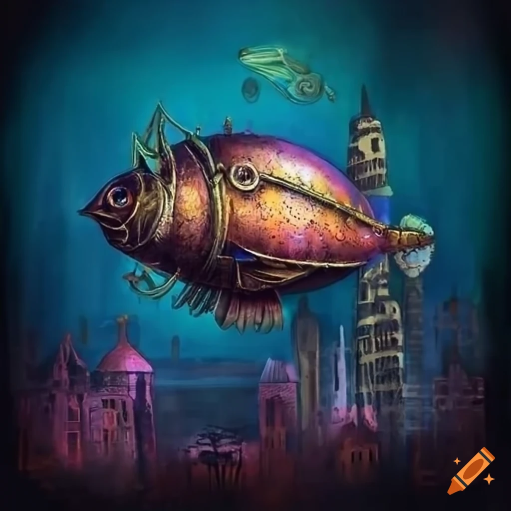 steampunk airship flying over a city