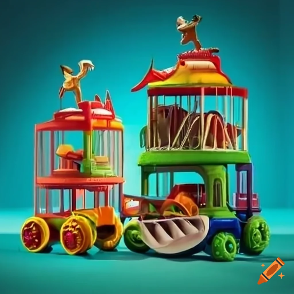 Toy train transporting caged dinosaurs