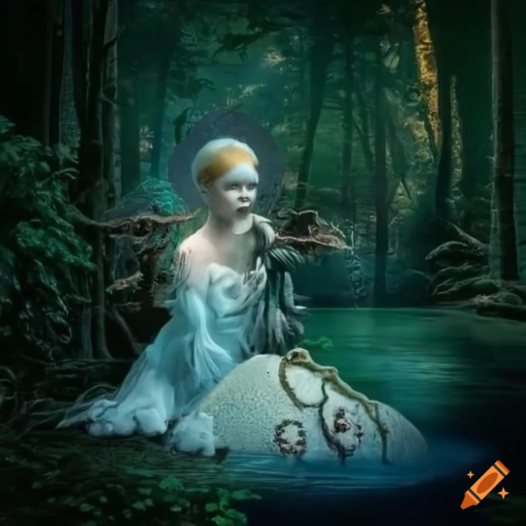 Surrealist image of a candy house in a mysterious enchanted forest with ...