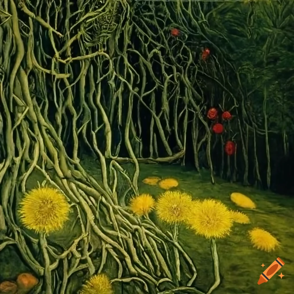 Painting of dandelion trees with carved totems and glowing orbs on Craiyon