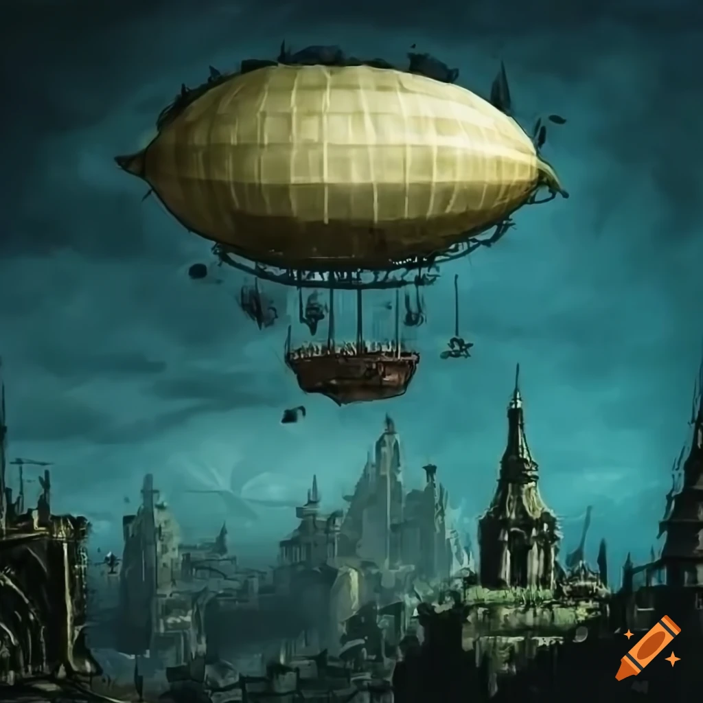 steampunk city covered in jungle, airship flying above