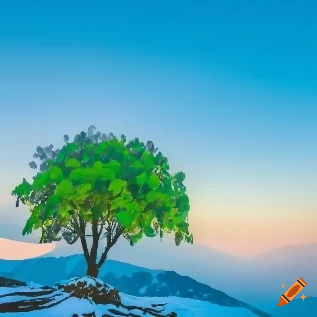 Snowcovered tree with mangoes and mountains in the background on Craiyon