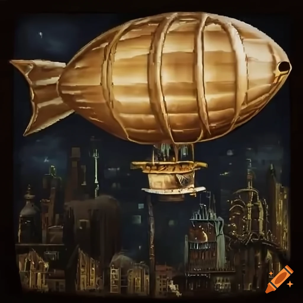 steampunk airship flying over a tropical city