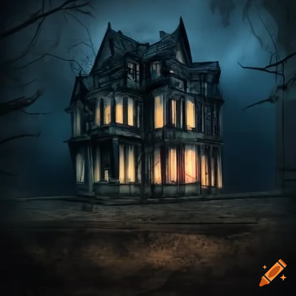 nighttime view of a creepy villa with an open window