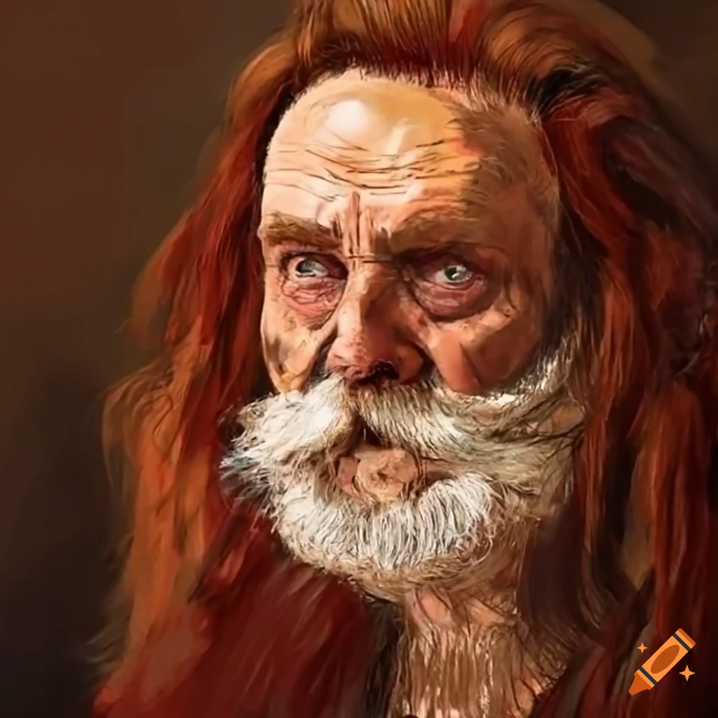 elderly man with long red hair and beard drinking wine