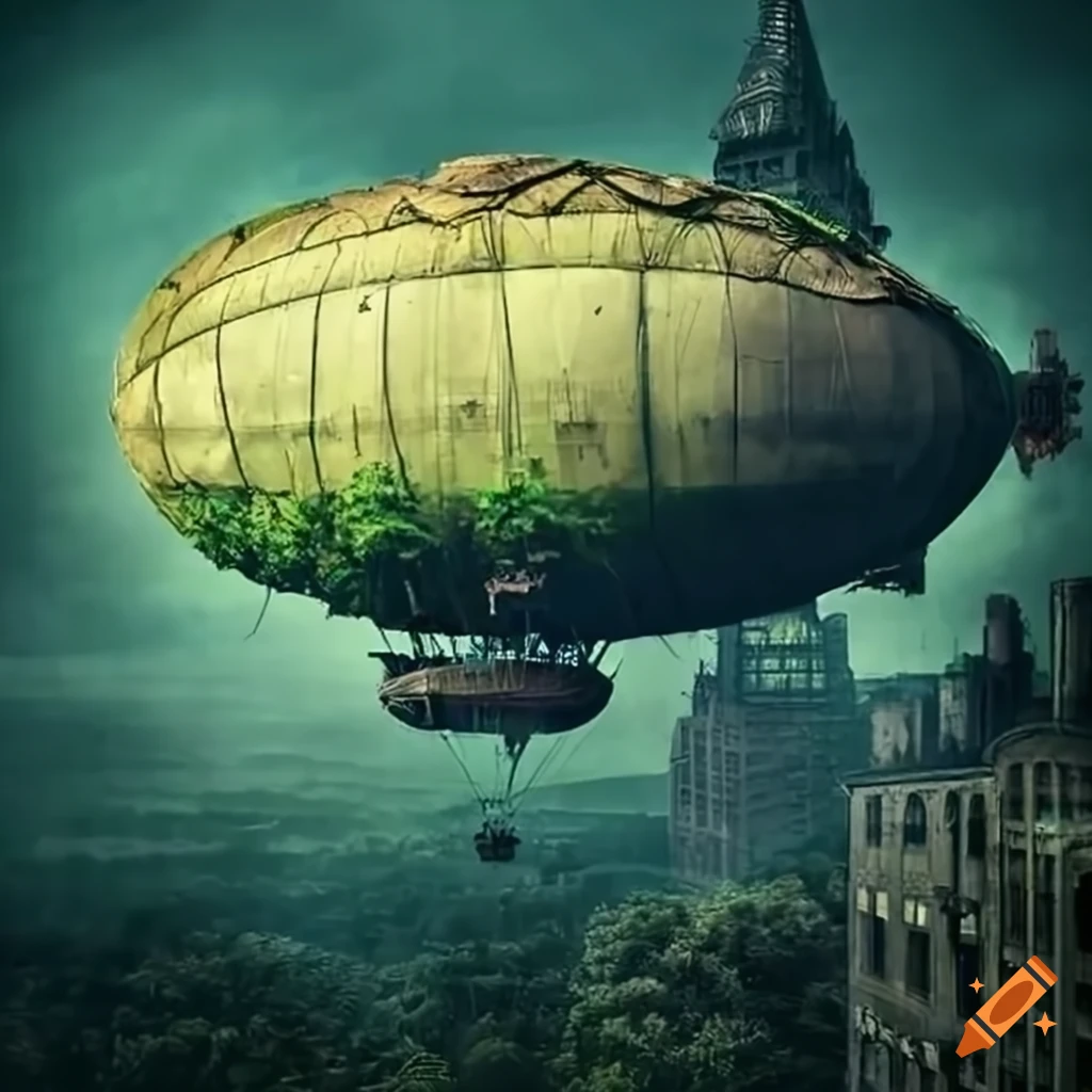 steampunk airship flying over a moss-covered jungle city