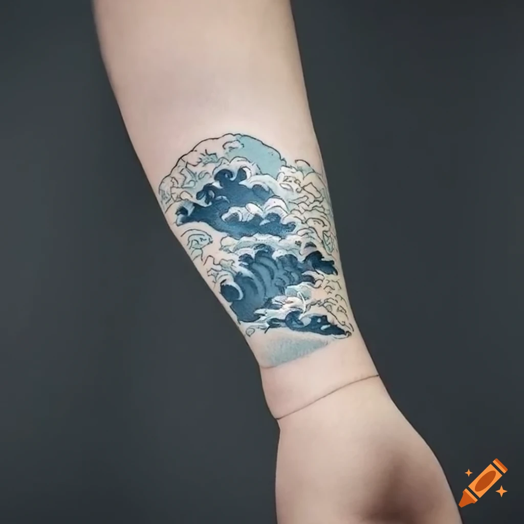 oriental bracelet tattoo of Japanese waves in light-blue