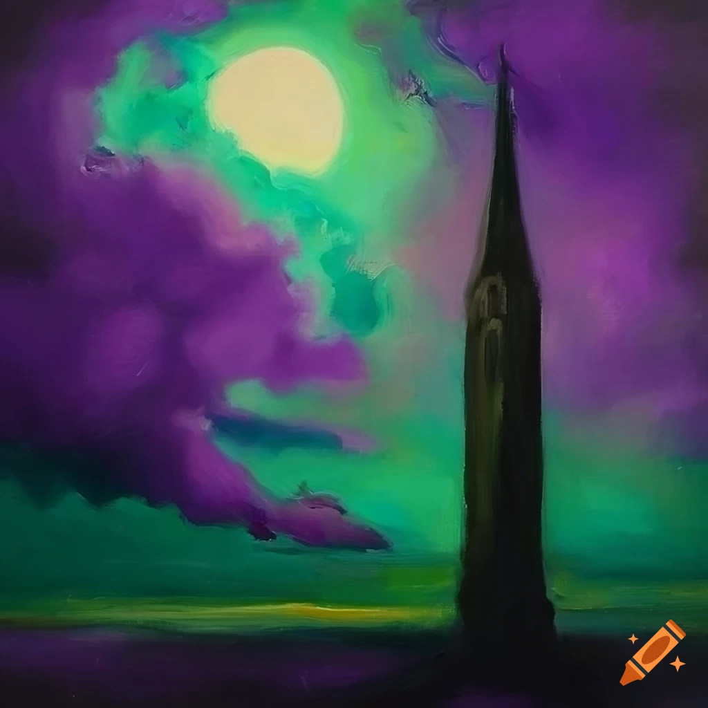 Intricate fine painting with green trees and a bleak tower