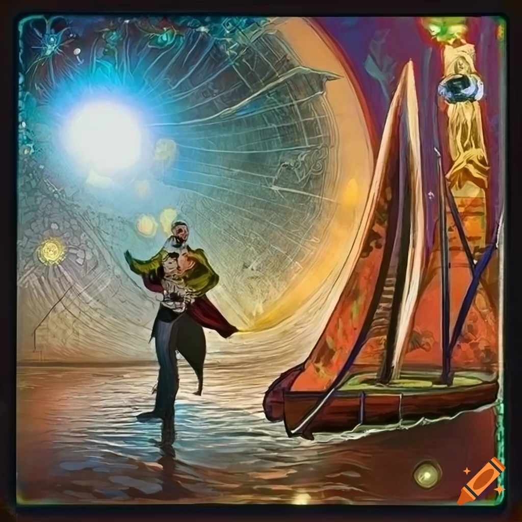 oil painting of a solarpunk superhero pirate doctor on a solar sailer boat