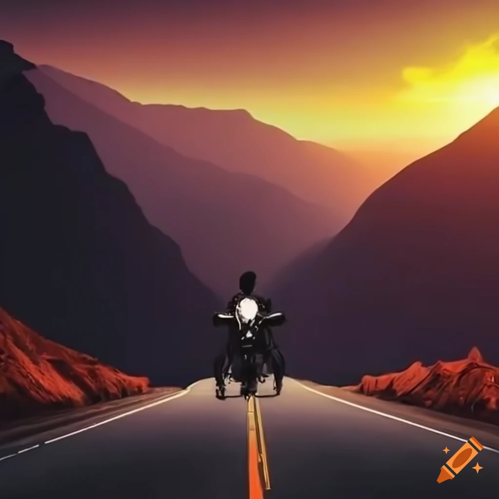 Moto esportiva parada na montanha com por do sol de fundo