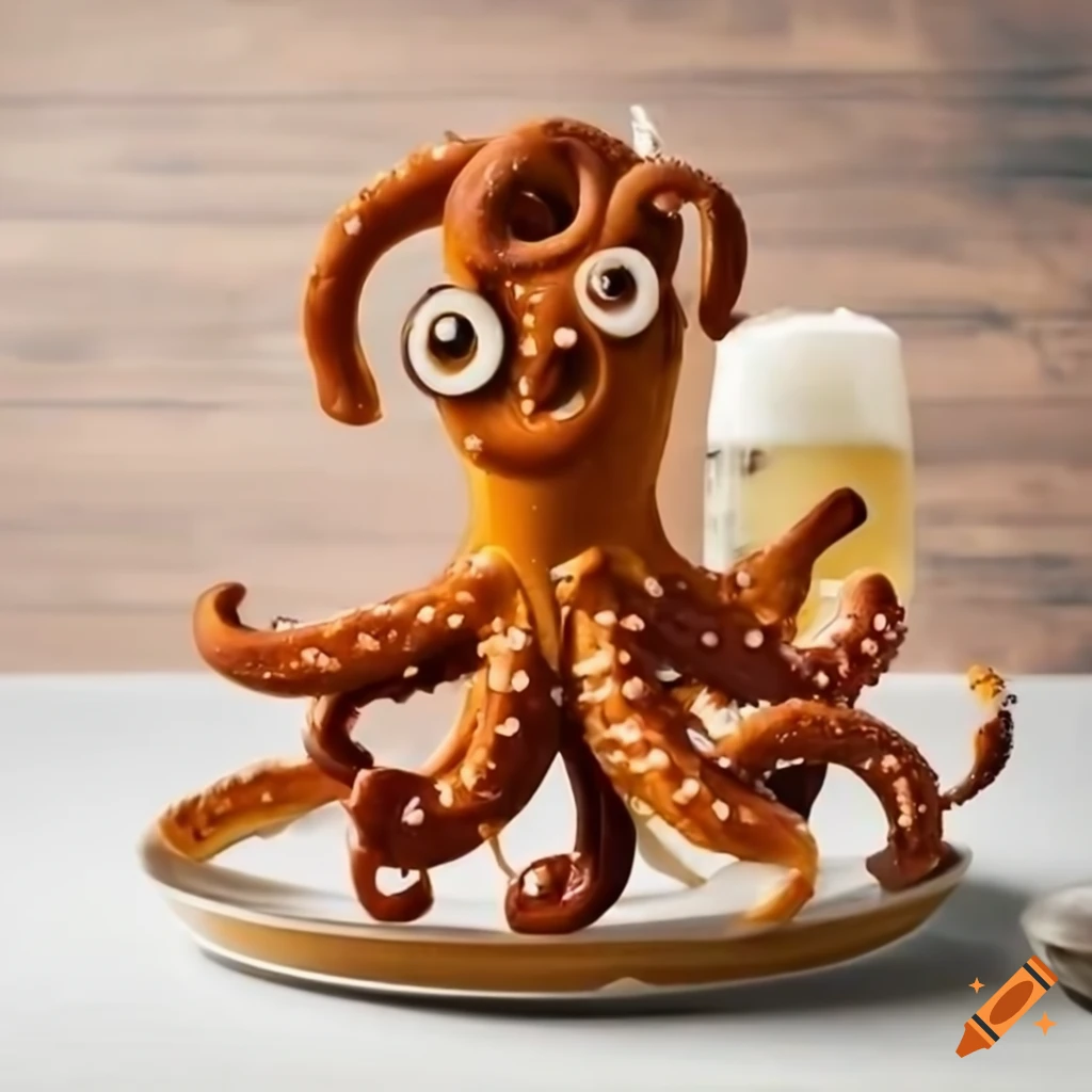 edible art of a pretzel octopus and beer