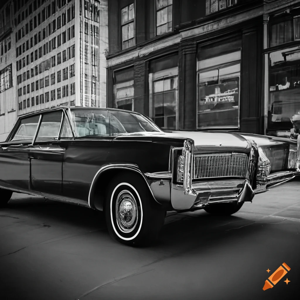 monochrome image of a Black Chrysler Crown Imperial parked in downtown Detroit