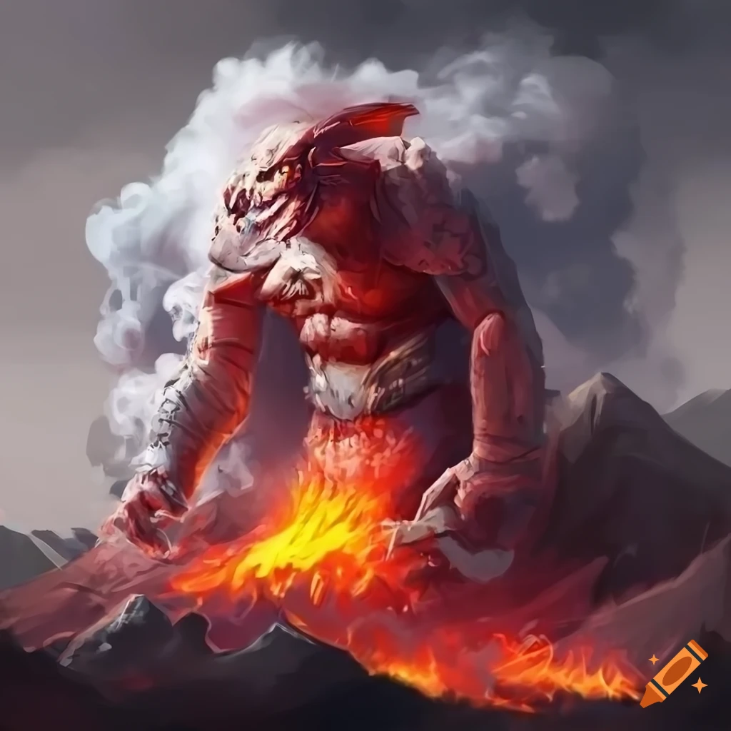 artwork of a fiery white and red orc in volcanic mountains