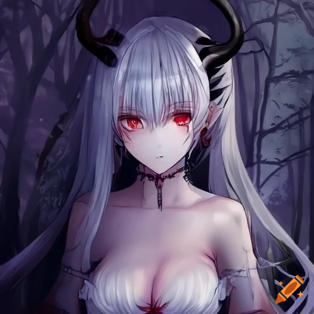 Detailed depiction of an anime demon woman with white hair and blood red  eyes on Craiyon