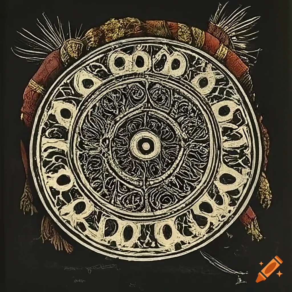 color illustration of a shaman drum by Aubrey Beardsley