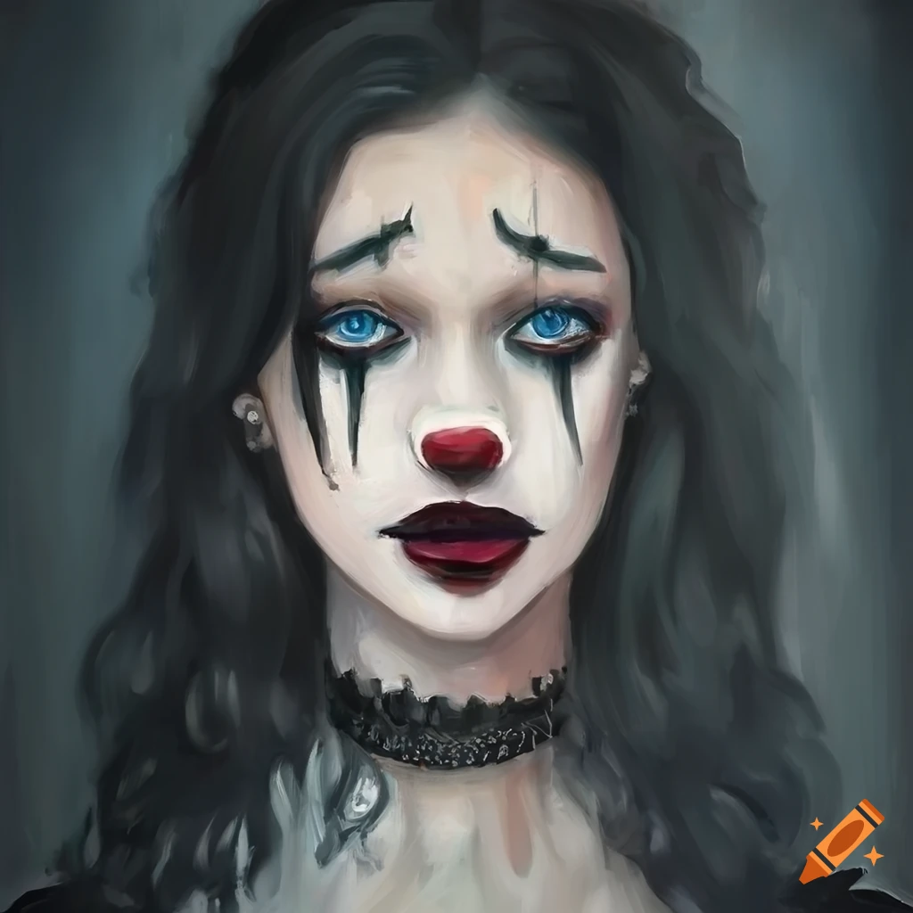 Oil painting of a melancholic goth clown