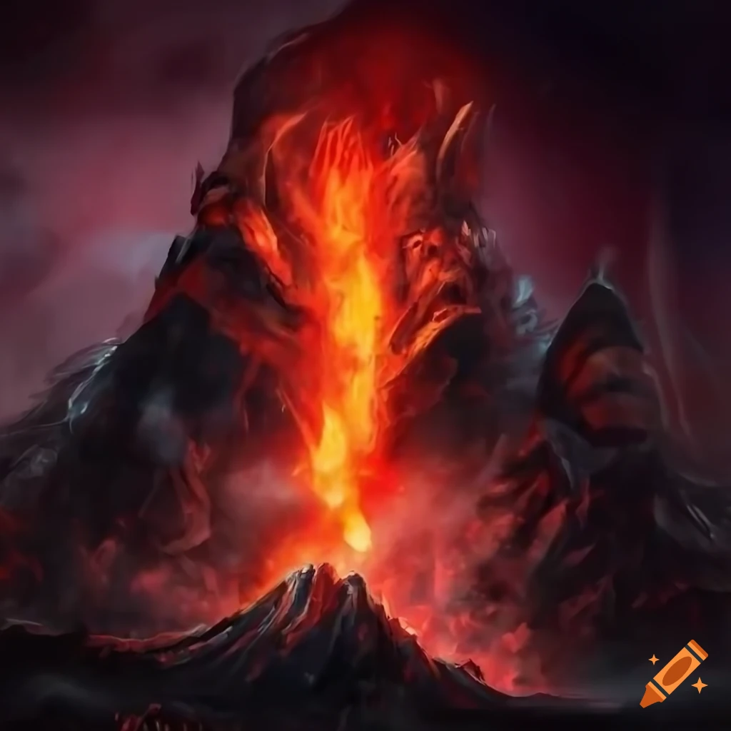 artwork of a fiery white and red orc in volcanic mountains