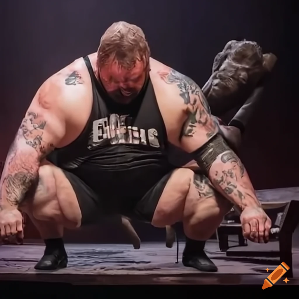 humorous image of a strongman falling out of a broken chair