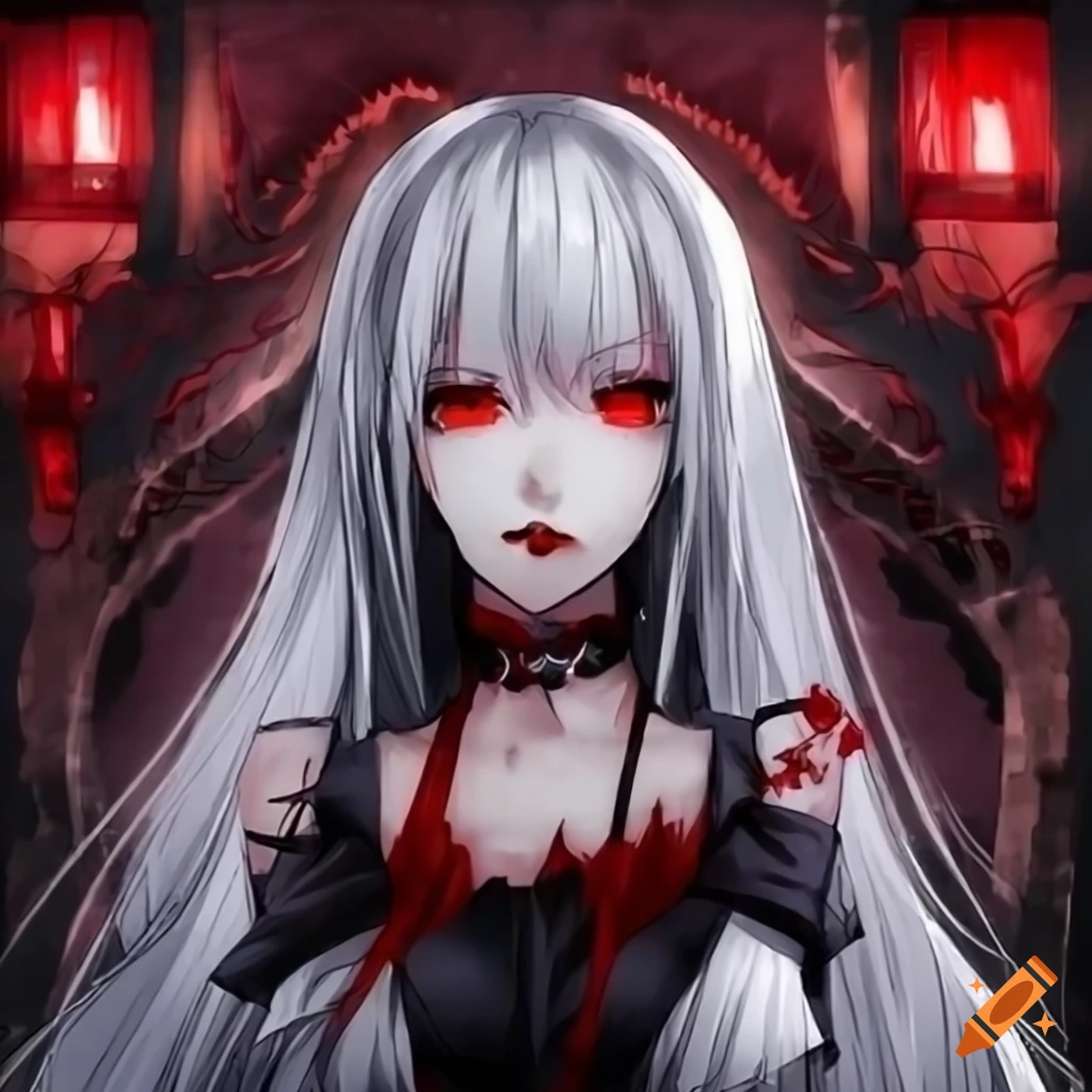 Artwork of a vampire girl with white hair and red eyes