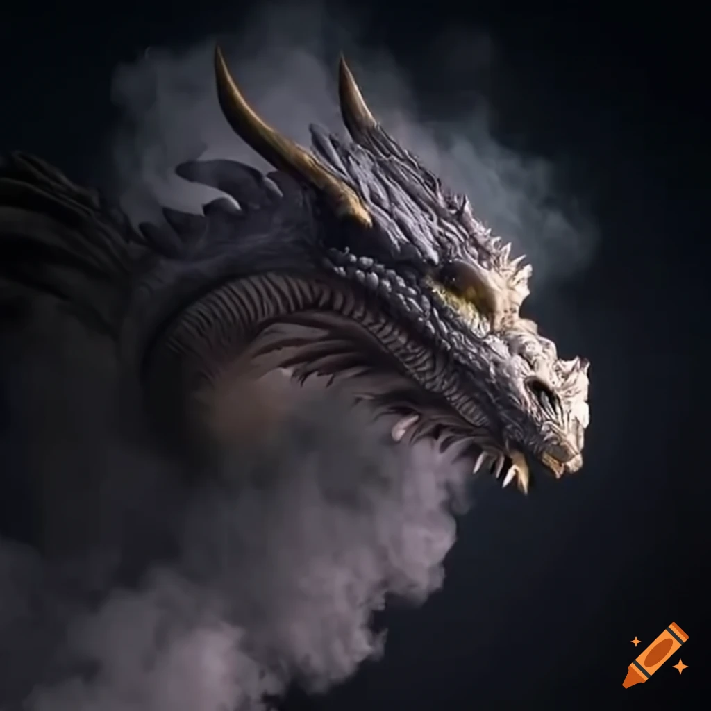 giant dragon head emerging from smoke