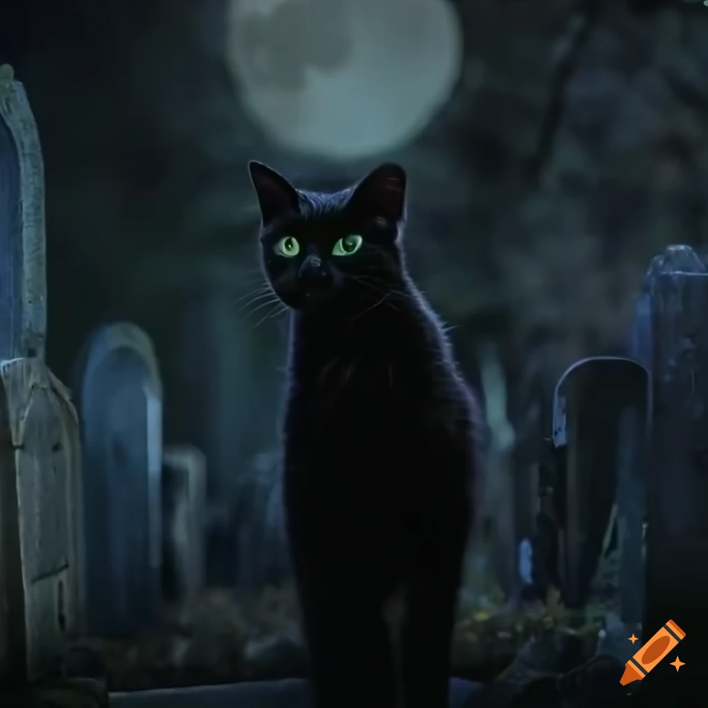Black cat sitting on a full moon with a witch in the background in an ...