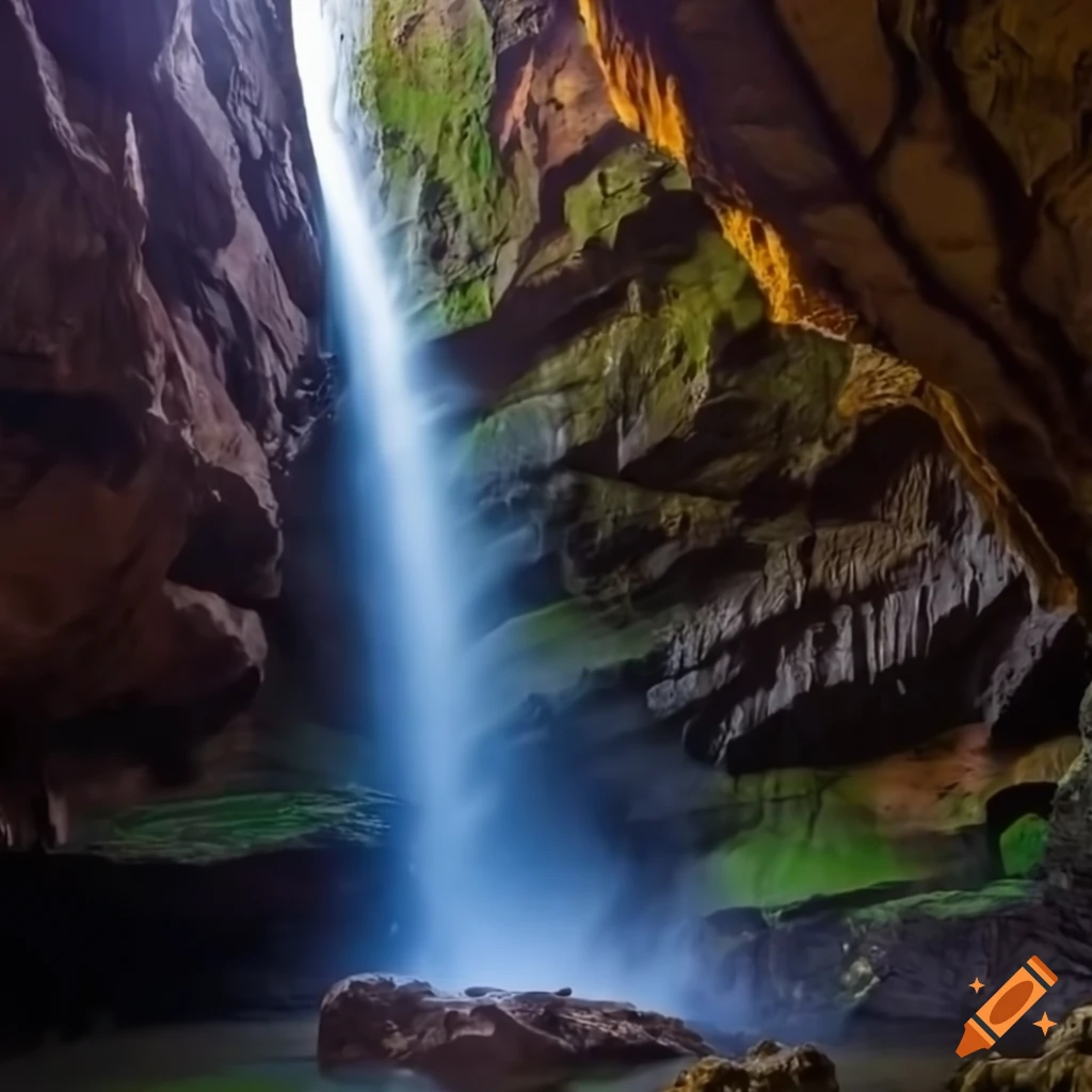 waterfall inside a deep cave