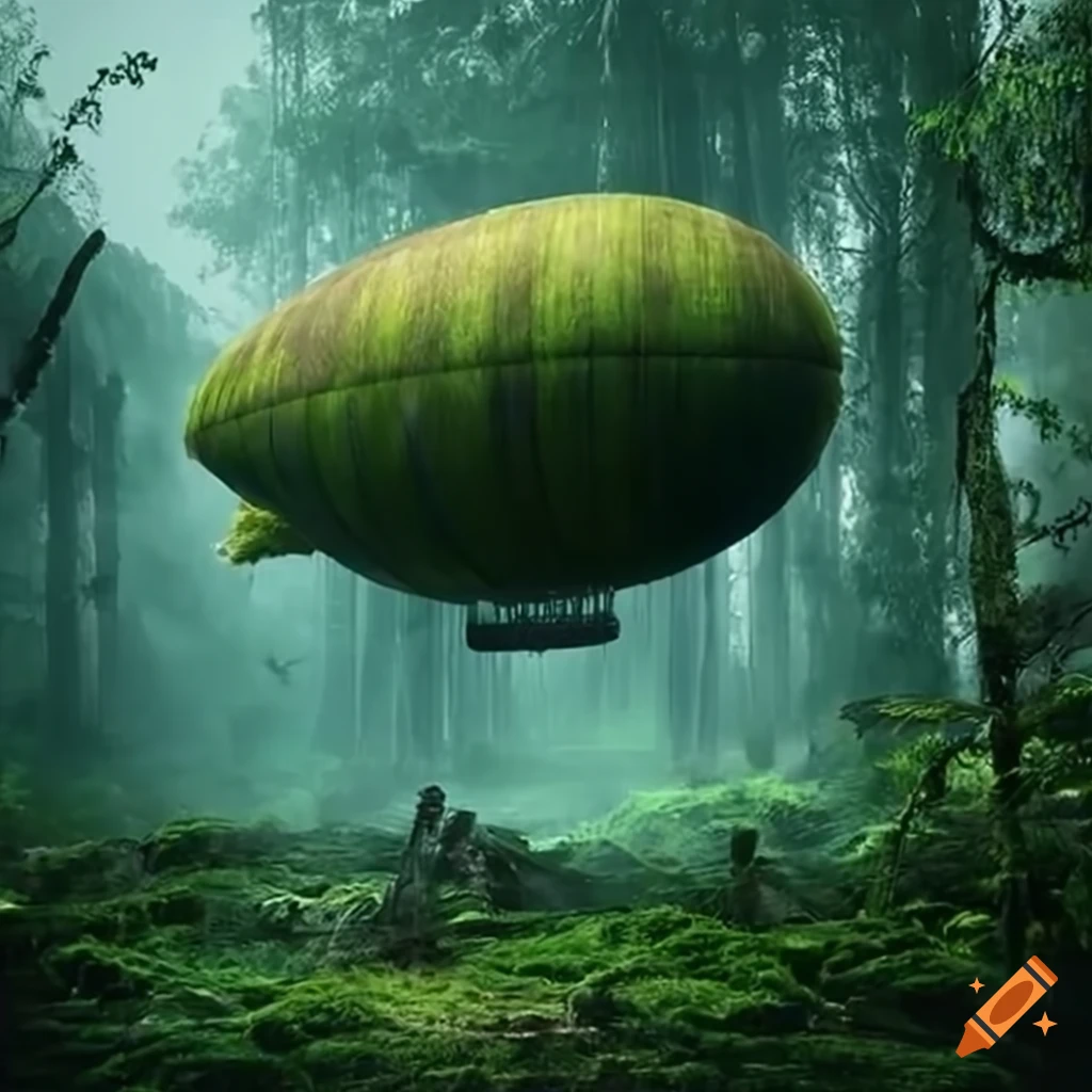 fantasy airship near a futuristic-maya door in the jungle