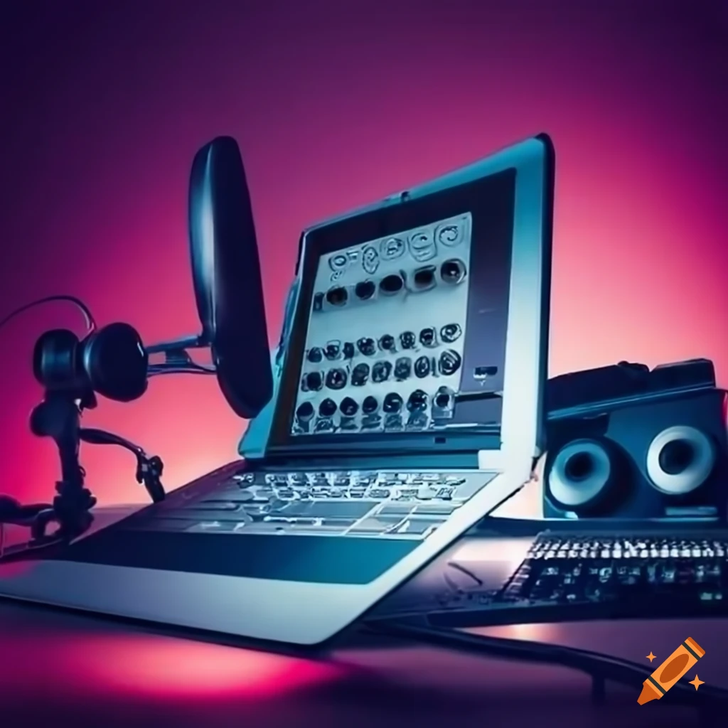 Laptop and music equipment in a recording studio on Craiyon