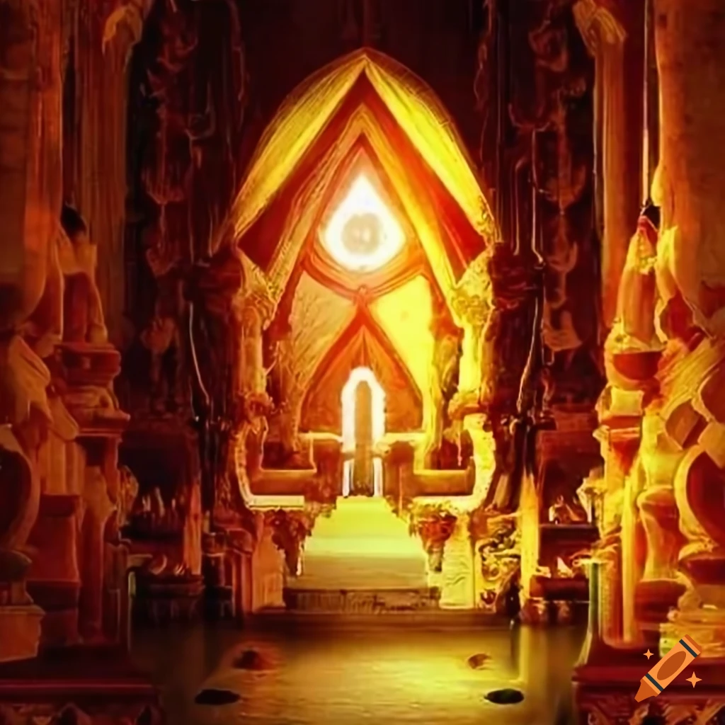 temple on top of a mountain with golden and silver adorned doors