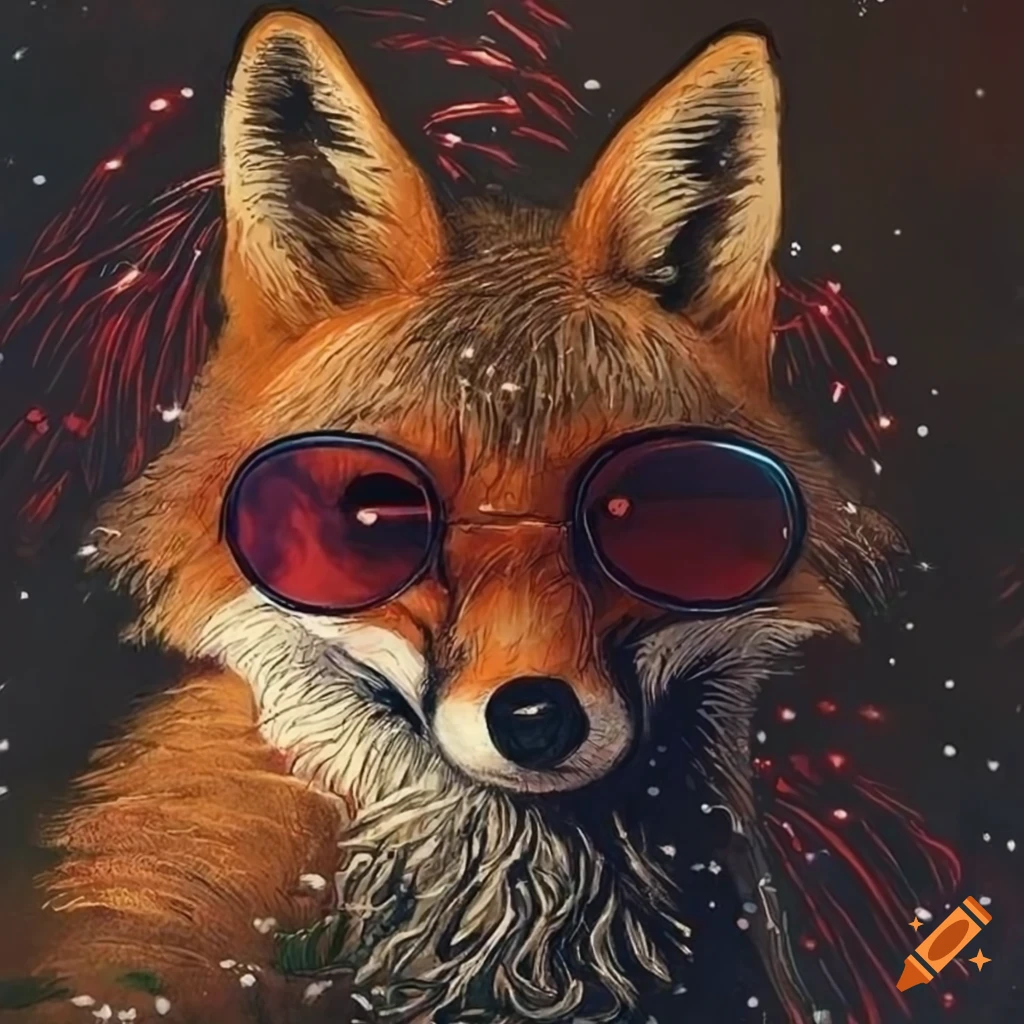 Noir graphic novel illustration of a fox in a vineyard