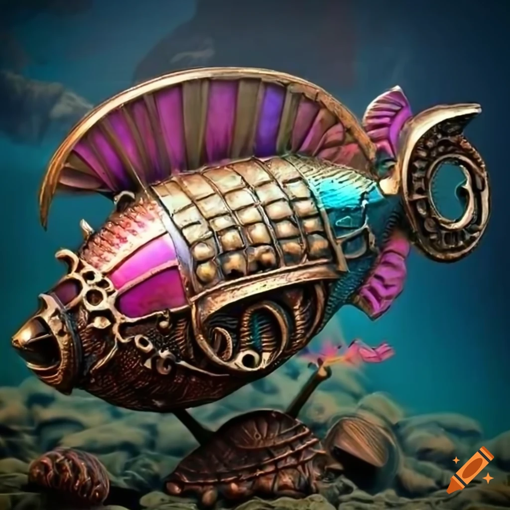 bronze-copper steampunk airship over tropical beach