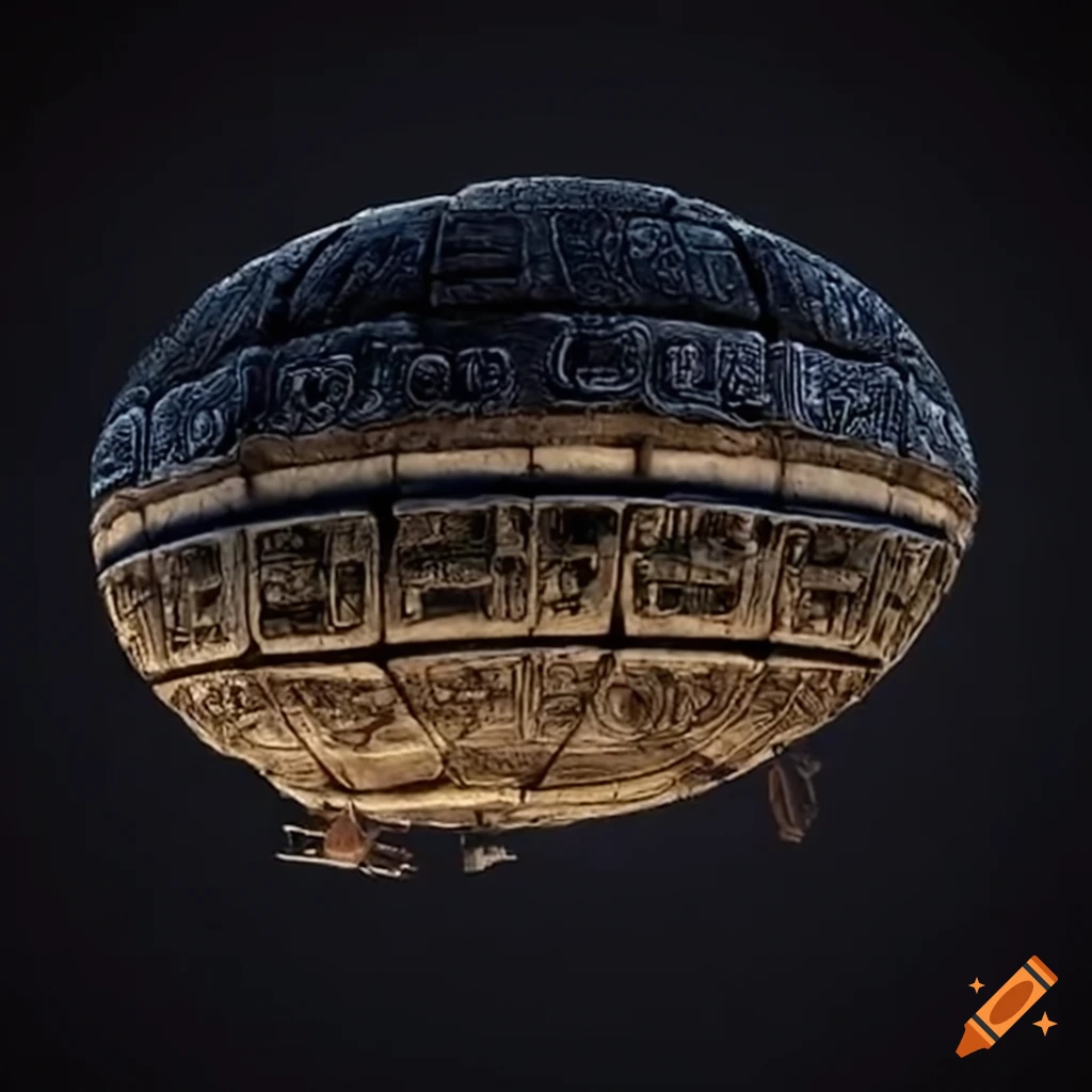 Mayan airship flying over Mayan ruins