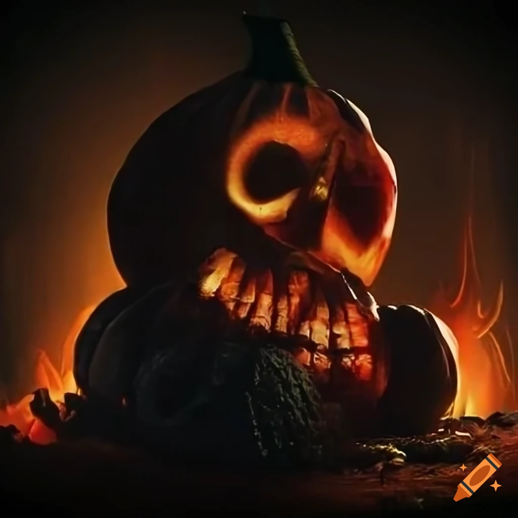festive Halloween puppet surrounded by bonfires in a dark forest