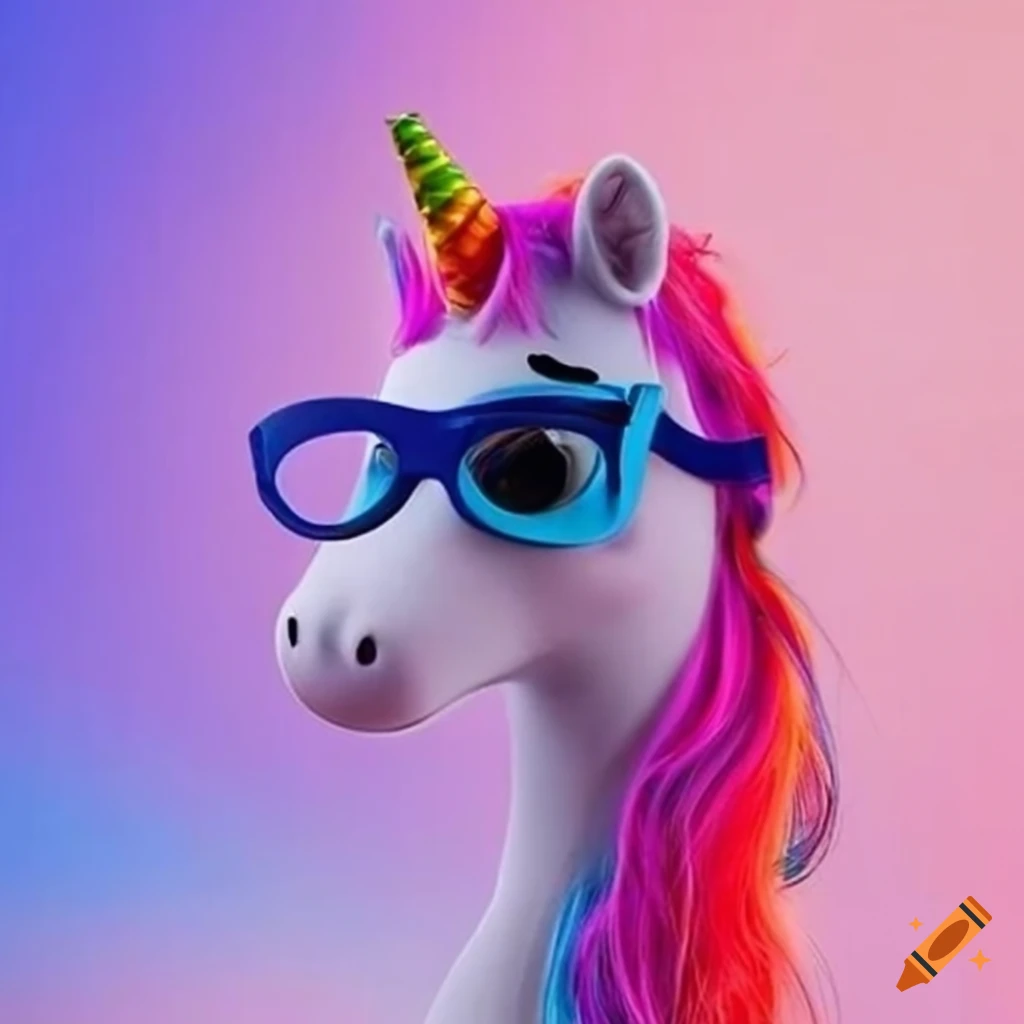adolescent character in Pixar style with rainbow hair, unicorn glasses, neon shirt, and white skin