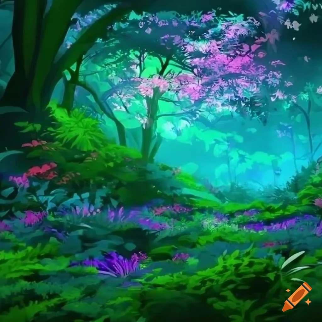 Anime forest with bright neon flowers on Craiyon
